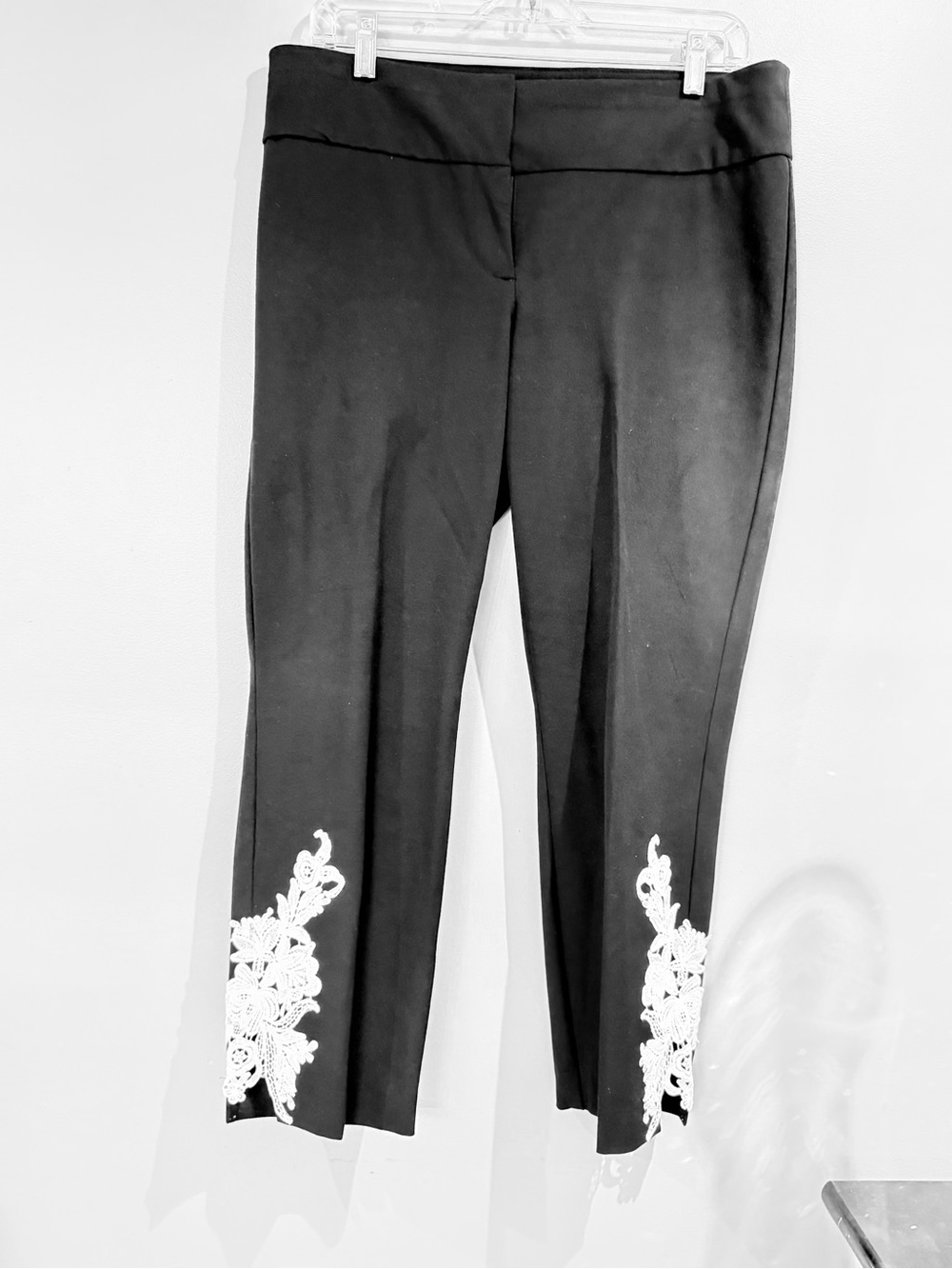 Alfani Black Cropped Ponte Pants with White Lace Appliqué